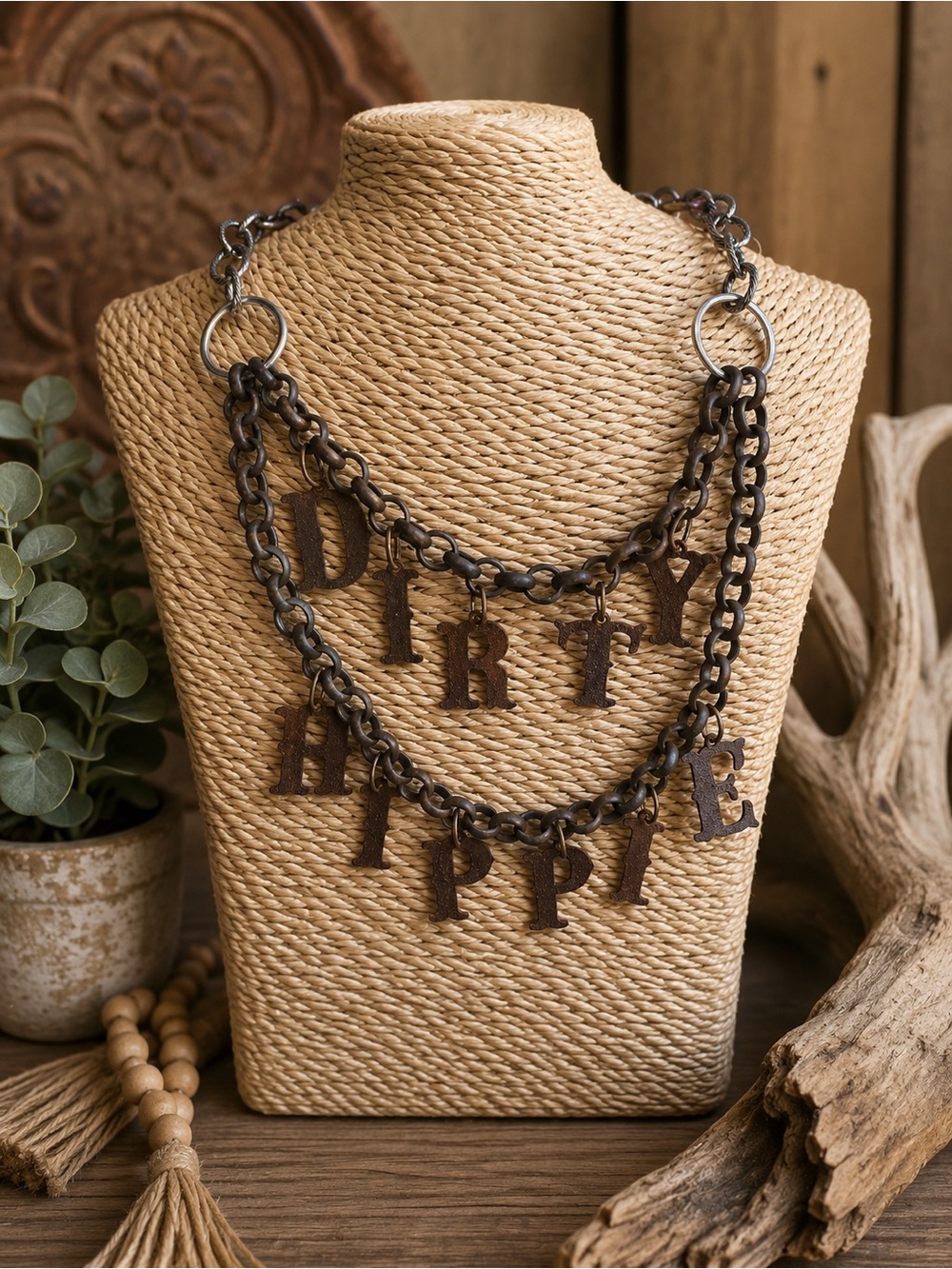 Gypsy South Rustic Brown 'DIRTY HIPPIE' Double-Chain Letter Necklace Boho